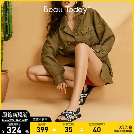 BeauToday小众凉鞋女平底新款软底一字带休闲沙滩鞋女罗马鞋复古商品大图