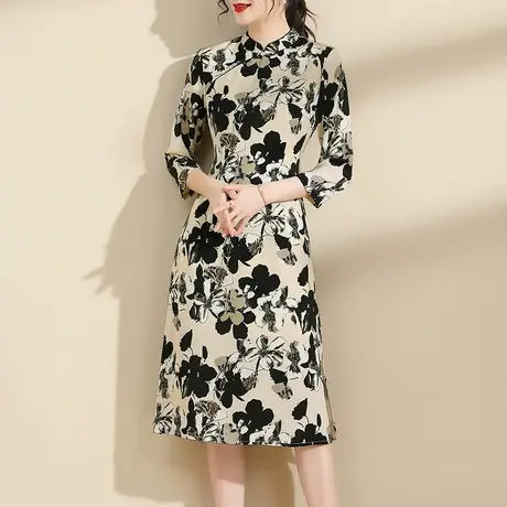 水墨青华2024春季新品立领显瘦旗袍裙名媛气质百搭醋酸绒连衣裙女商品大图