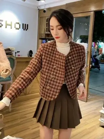 小香风加棉格子短外套女2023秋冬季小个子气质名媛设计感夹克上衣商品大图
