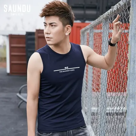 莫代尔背心男士修身型运动蓝球健身坎肩砍袖宽肩夏季汗衫无袖t恤商品大图