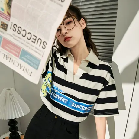 唐狮夏装女短袖黑白色T恤宽松条纹上衣修身设计感小众polo领衣服图片