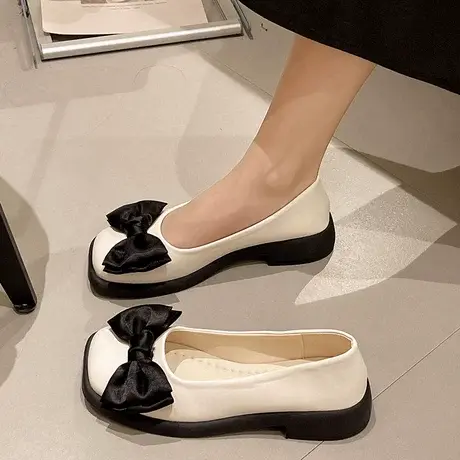 蝴蝶结小皮鞋女鞋春季2024新款低跟气质玛丽珍鞋孕妇平底船鞋瓢鞋商品大图