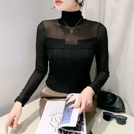 设计感半高领长袖网纱拼接时尚气质减龄内塔上衣女修身T恤打底衫图片