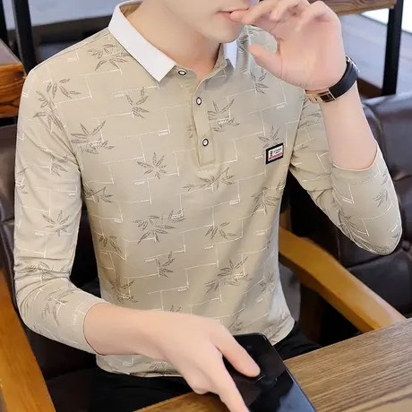 秋季新款休闲时尚纯棉长袖Polo衫男士韩版修身T恤印花打底衫上衣商品大图