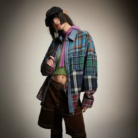 复古潮牌拼接格子衬衫女春秋2024新款做旧补丁款宽松衬衣情侣上衣图片