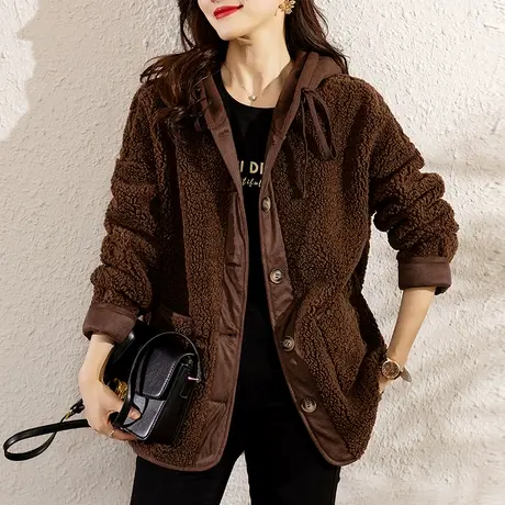 连帽外套女秋冬新款大码女装宽松中年妈妈中长款休闲保暖加厚上衣商品大图