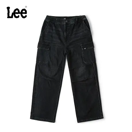 Lee24春季新品宽松直筒松紧腰工装风3D褶皱设计黑色男阔腿牛仔裤图片