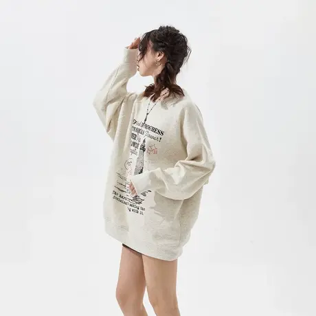 YEP潮牌印花圆领卫衣女2025年春季新款复古宽松oversize无帽上衣商品大图