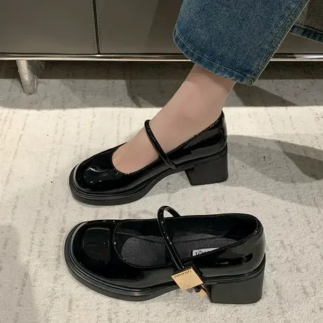 法式玛丽珍鞋女2024春秋季新款复古英伦风小皮鞋百搭粗跟浅口单鞋图片