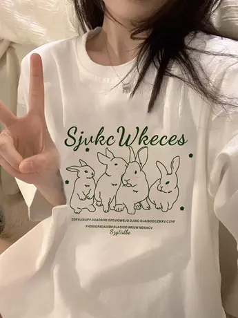 重磅纯棉兔子印花短袖t恤女oversize宽松半袖小众设计感上衣春夏商品大图