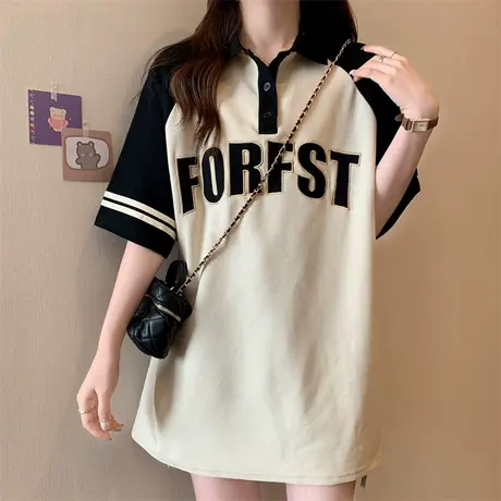 设计感polo衫插肩短袖t恤女夏季新款小众宽松港风翻领上衣服潮牌商品大图