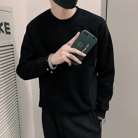 拼接卫衣男春季2024新款潮牌韩版纯色圆领上衣打底休闲长袖T恤衫商品大图