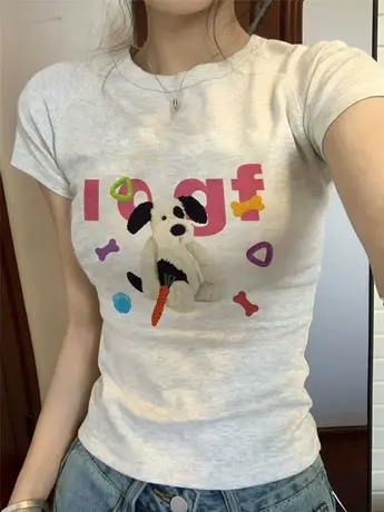 2024新款灰色短袖正肩t恤女夏季纯棉修身设计感小众甜辣小上衣潮图片