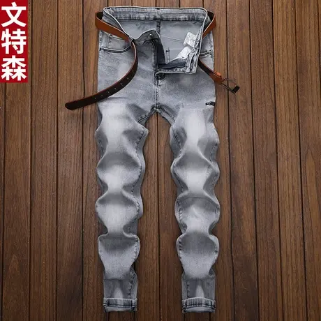 文特森春季男士破洞牛仔裤男小直筒补丁韩版潮流个性男裤牛仔长裤商品大图