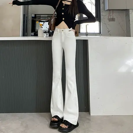 白色微喇牛仔裤女春秋2024年新款裤子高腰显瘦加长弹力修身喇叭裤商品大图
