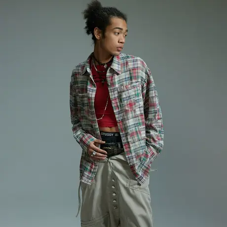 美式高街格子衬衫男士春秋季新款复古潮牌情侣装衬衣宽松拼色外套图片