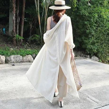 秋装新款棉麻衬衫女韩版中长款开衫外套宽松大码bf休闲学生防晒衣商品大图