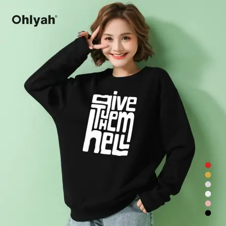 Ohlyah品牌 黑色卫衣女韩版中长款oversize下衣失踪圆领衣服学生商品大图