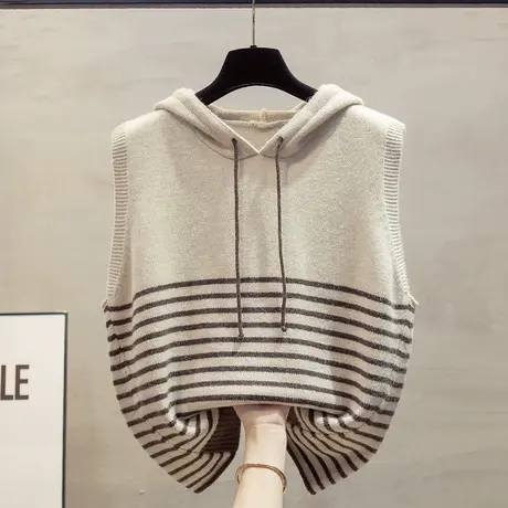 连帽条纹针织马甲背心女2023秋装新款宽松外穿马夹外搭毛衣坎肩潮商品大图
