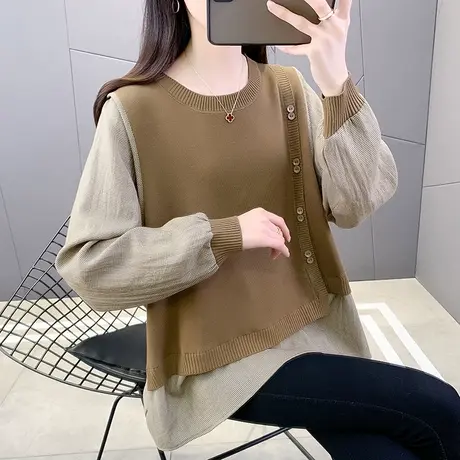 秋装女2023年新款假两件套拼接针织衫宽松套头洋气爆款打底毛衣女商品大图