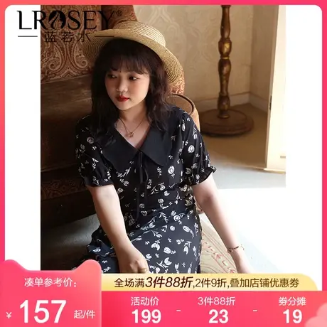 蓝若水大码翻领碎花连衣裙女夏季新款胖MM复古气质显瘦收腰雪纺裙图片