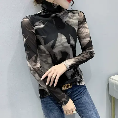 复古加绒高领打底衫女春装2023新款洋气网纱T恤长袖紧身百搭上衣商品大图