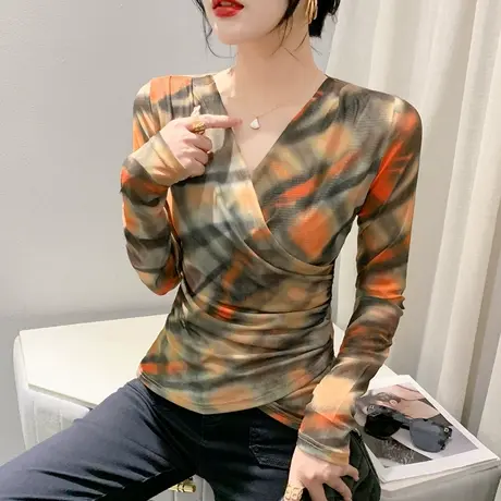 欧货网纱打底衫女内搭初秋新款性感交叉V领长袖T恤时尚印花上衣潮商品大图