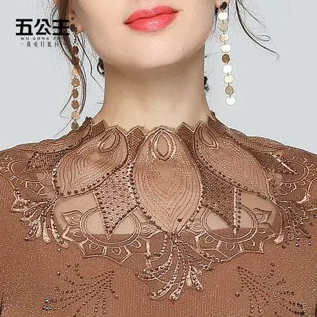 清仓五公主高领蕾丝打底衫春秋季气质女装网纱内搭黑色长袖薄上衣图片