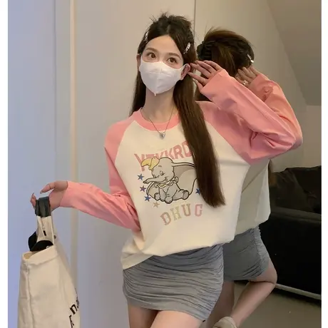 粉色拼杏色休闲舒适纯棉2023秋冬新款插肩印花爆款长袖t恤女百搭商品大图