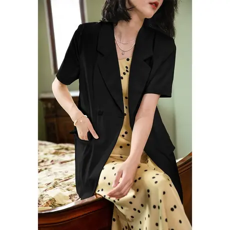 弥古白色短袖西装外套女夏薄款休闲上衣黑色小西服垂感中长款外搭图片