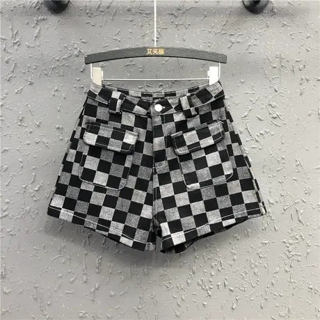 欧货黑灰格子洋气工装牛仔短裤女春夏新款高腰显瘦a字阔腿裤热裤商品大图