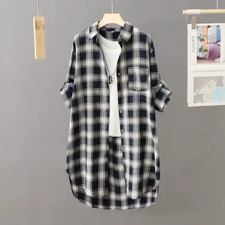 黑白格子衬衫外套女中长款2023秋装新款复古休闲衬衣女春秋季上衣商品大图