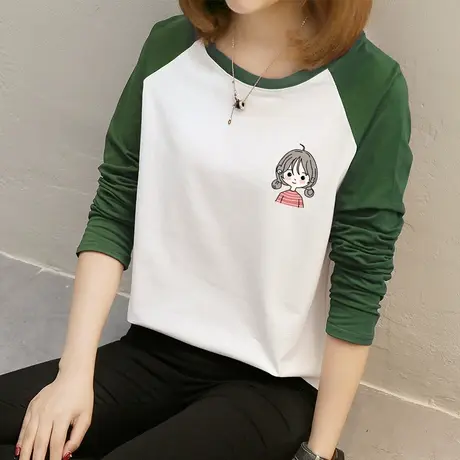 长袖t恤女白色纯棉宽松上衣2022年春季学生拼色内搭洋气打底衫潮商品大图
