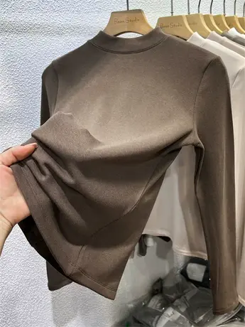 2022秋冬新半高领洋气小立领加薄绒磨毛内搭打底衫女长袖T恤上衣图片