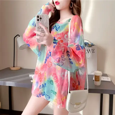 长袖t恤女夏季韩版宽松中长款薄款网纱扎染防晒衣空调衫罩衫上衣图片