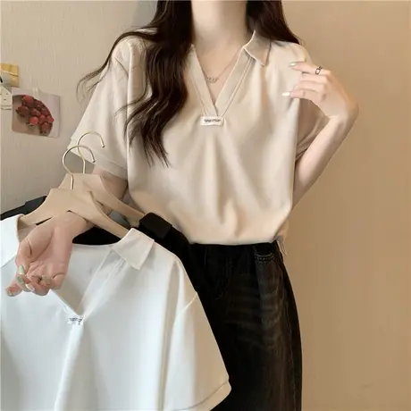 ins超火短袖POLO衫T恤女夏装宽松百搭学生短款半袖V领抽绳上衣潮商品大图