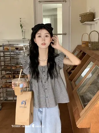 方领飞飞袖格子娃娃衬衫女夏季设计感小众别致短款无袖t恤上衣ins图片