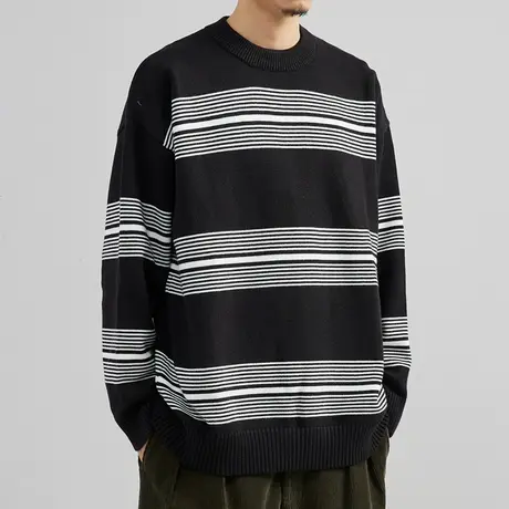奕飏男装2022秋季新款圆领条纹毛衣男休闲撞色针织衫韩版潮牌外套图片