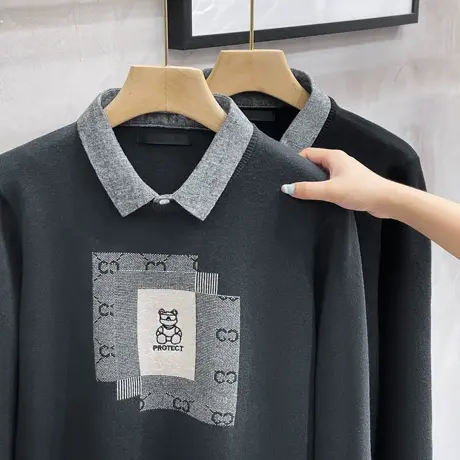 假两件毛衣男士春秋季2023新款秋装上衣小熊休闲衬衫领针织衫外套商品大图