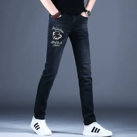 秋款印花轻奢牛仔裤男款修身小脚裤子男潮流新款黑色弹力百搭潮牌商品大图