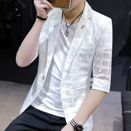 小西装男士夏季薄款七分袖中袖外套潮流修身帅气西服短袖韩版半袖商品大图