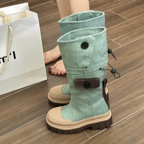 甜酷帆布小个子厚底长筒靴女夏季2023新款美式靴子复古西部马丁靴商品大图