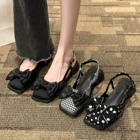 包头凉鞋女2023年新款夏季中粗跟蝴蝶结仙女晚晚风复古玛丽珍单鞋商品大图