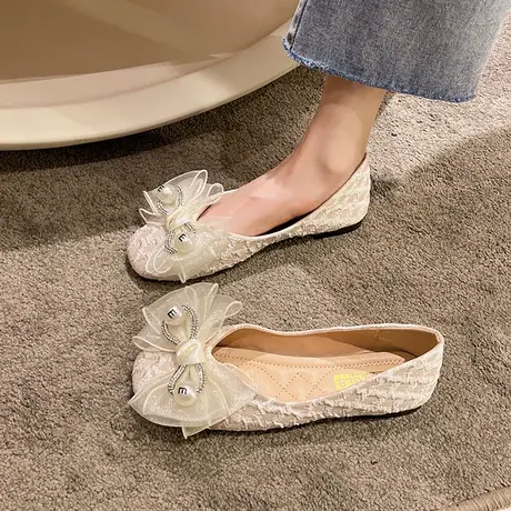 永希单鞋女2023新款夏仙女风蝴蝶结水钻瓢鞋女网红浅口软底奶奶鞋图片