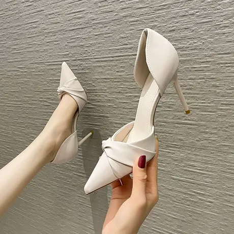 法式高跟鞋女2023年夏季新款尖头性感褶皱中空细跟单鞋气质宴会鞋图片