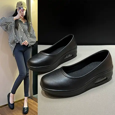 软底真皮黑色大码单鞋女2023新款春夏透气工作鞋厚底妈妈皮鞋防滑商品大图