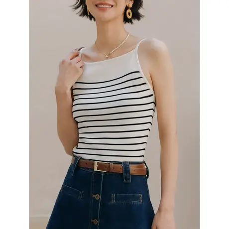 弥古黑白条纹吊带背心女夏季外穿针织内搭打底法式一字领短款上衣图片