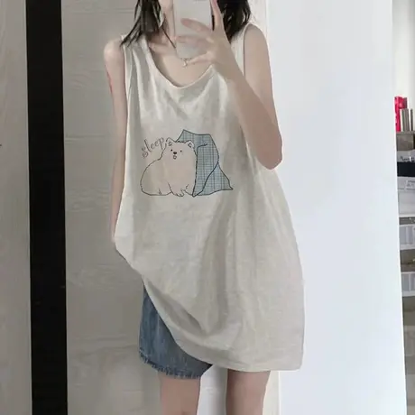 纯棉吊带坎肩背心无袖t恤女夏季设计感小众外穿宽松港风挂脖上衣商品大图
