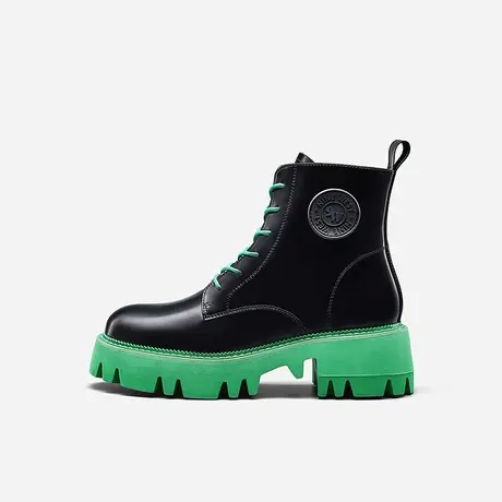 Nine West/玖熙2023年秋冬复古厚底马丁靴女撞色系带牛皮短靴潮酷图片