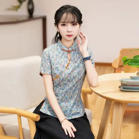 筠雅唐装女中国风改良旗袍上衣夏季短袖2023新款复古中式女装茶服商品大图
